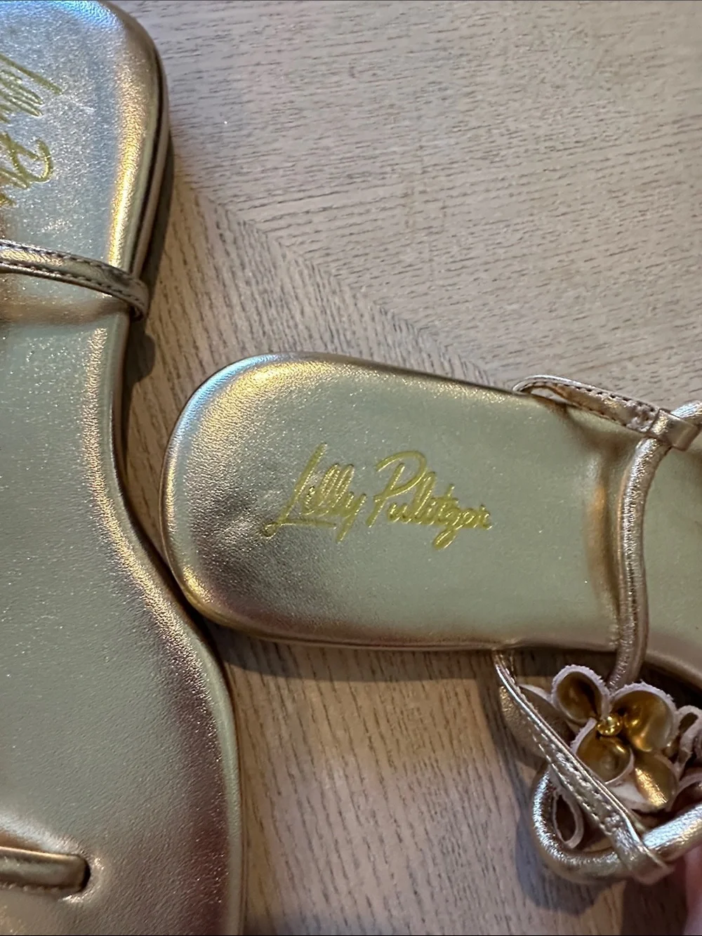 Lilly Pulitzer Metallic Gold Floral T-Strap Sandals